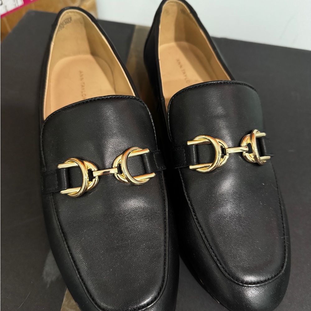 Ann Taylor Black and Gold Moccasins with Elegant Detailing